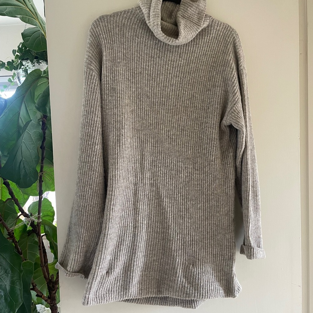 MOTF Premium Oatmeal Turtleneck Sweater Dress M Ribbed Knit Midi Drop Shoulder